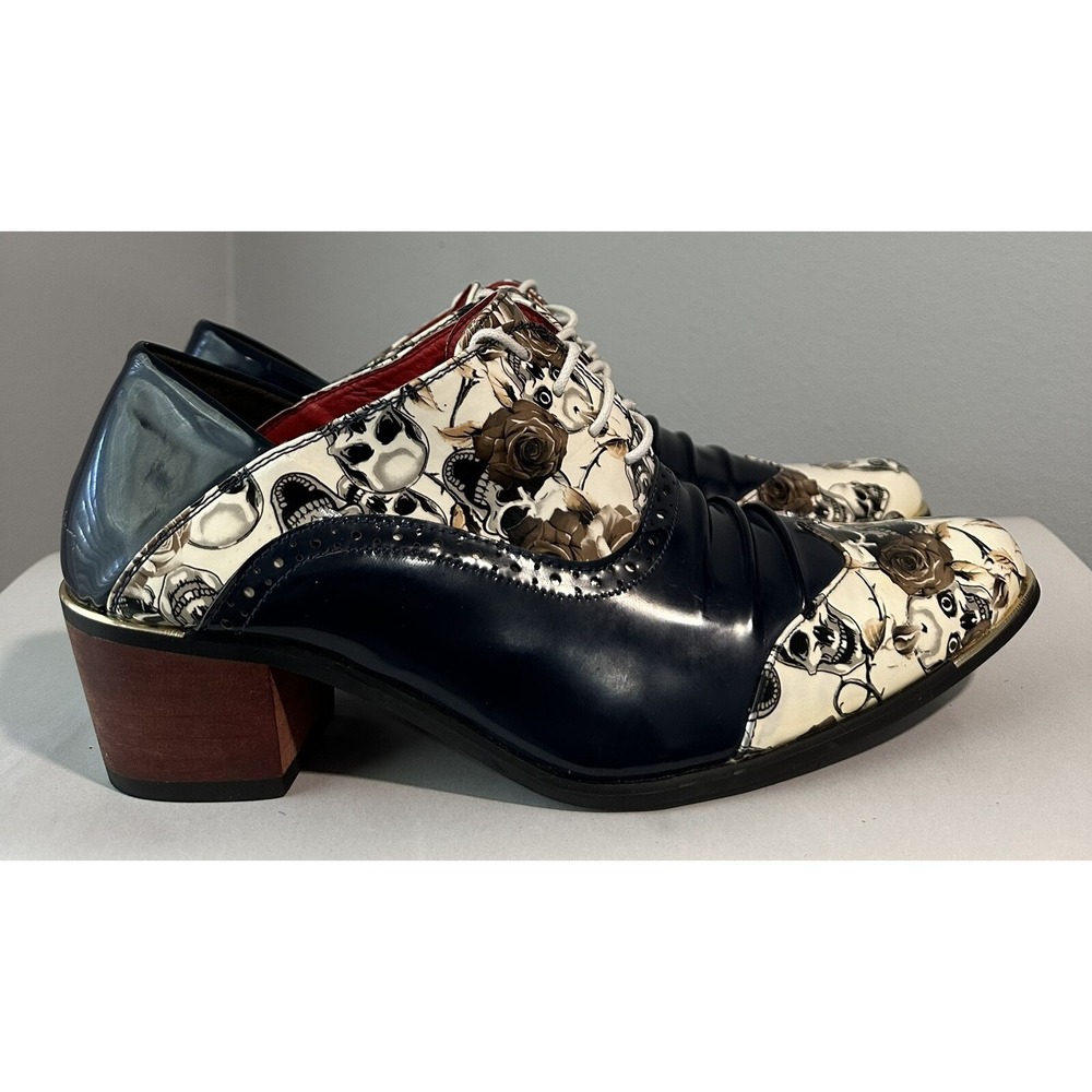 KUURCCE Pointed Lace Up Heels Size 44 Skull And Floral Print Navy Blue Mint Cond